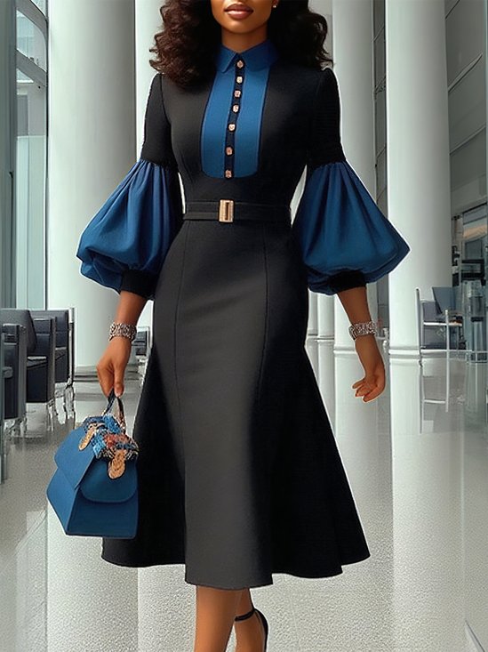 Urban Color Block Balloon Sleeve Split Joint Shirt Collar Midi Dress