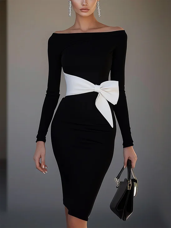 Elegant Plain Boat Neck Knee Length Dress With Belt