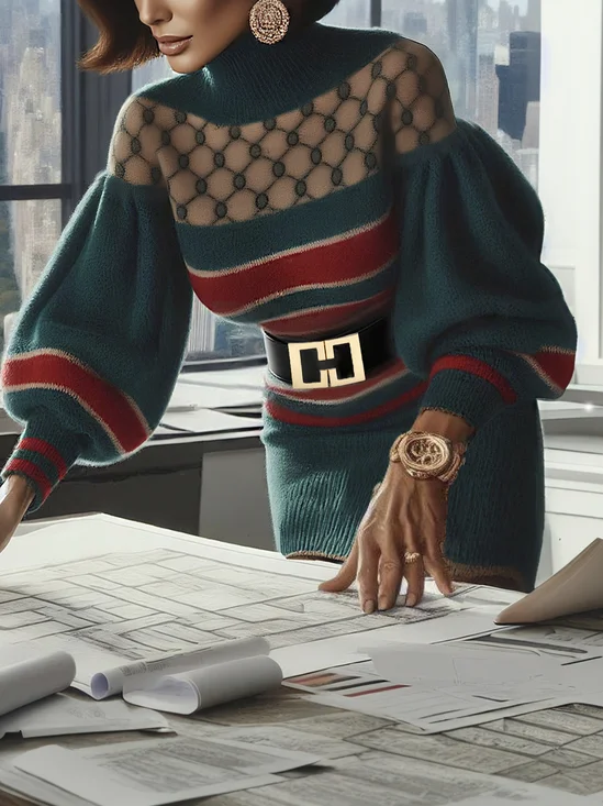 Urban Color Block Shawl Collar Sweater Dress with Belt