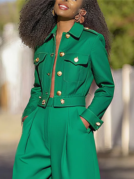 Plus Size Urban Buttoned Plain Shawl Collar Jacket