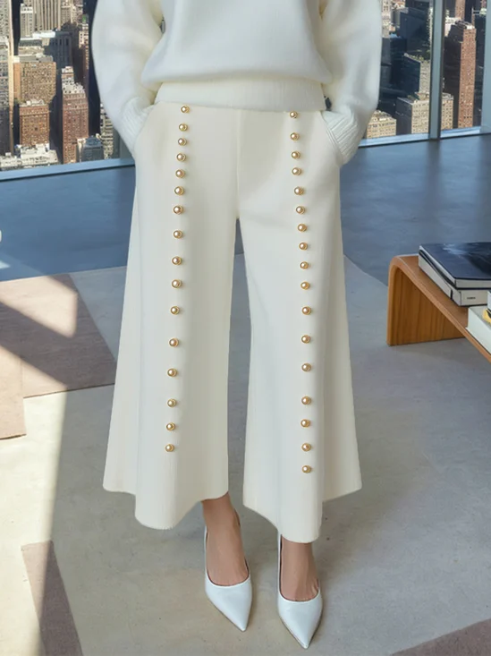 Casual Plain White Imitation Pearls Wide Leg Pants 