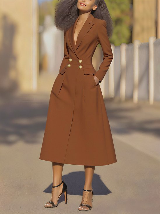Urban Plain Buttoned Lapel Collar Midi Dress