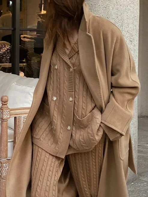 Yarn/Wool Yarn Urban Plain Lapel Collar Cardigan