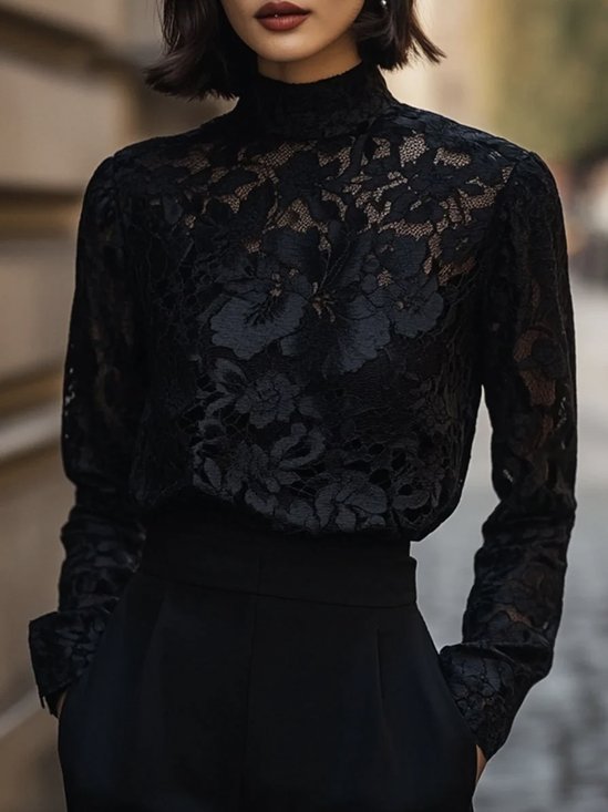 Lace Elegant Plain Lace Mock Neck Blouse
