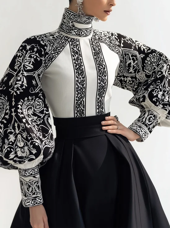 Urban Random Print Printing Turtleneck Balloon Sleeve Blouse