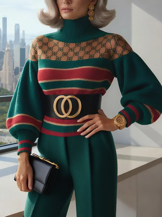 Urban Striped Turtleneck Puff Sleeve Sweater No Belt