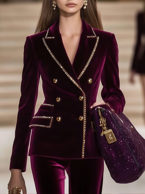 Elegant Buttoned  Velvet Lapel Collar Blazer