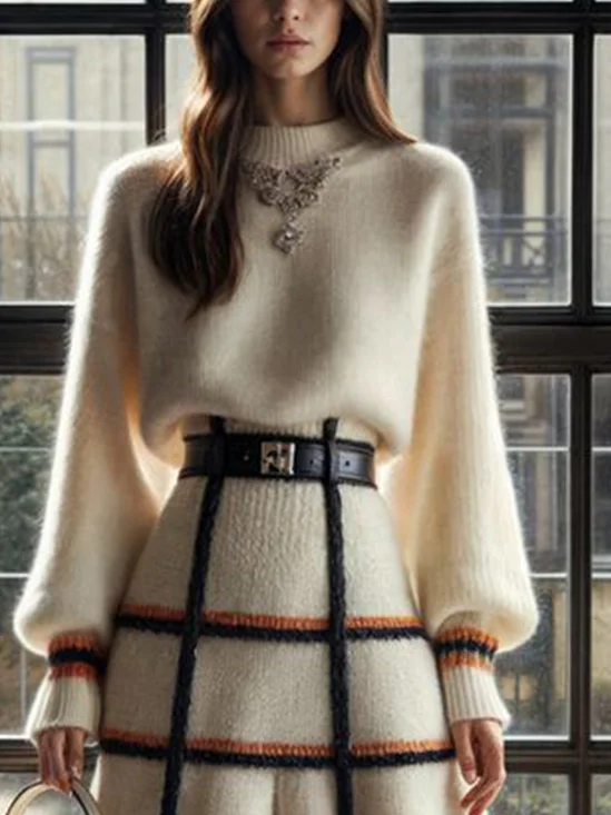 Casual Color Block Mock Neck Balloon Sleeve Sweater