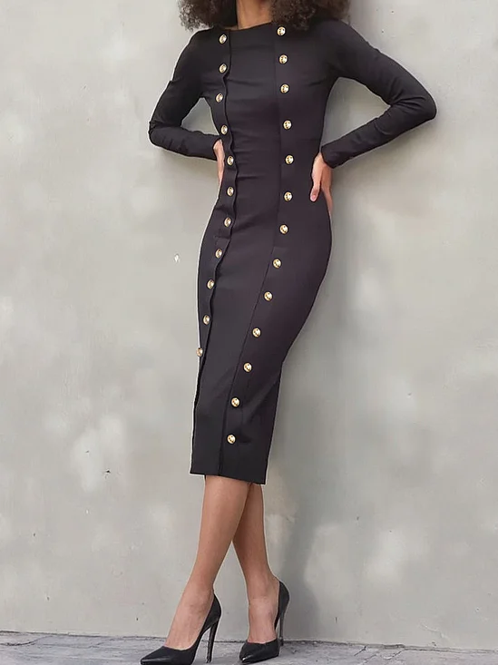 Elegant Plain Crew Neck Midi Dress