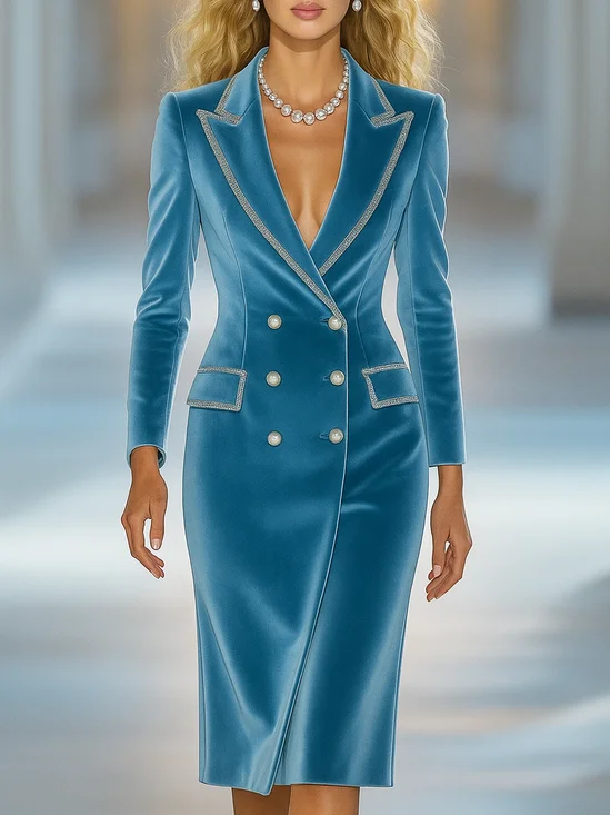 Elegant Plain Velvet Binding Lapel Collar Blazer Dress