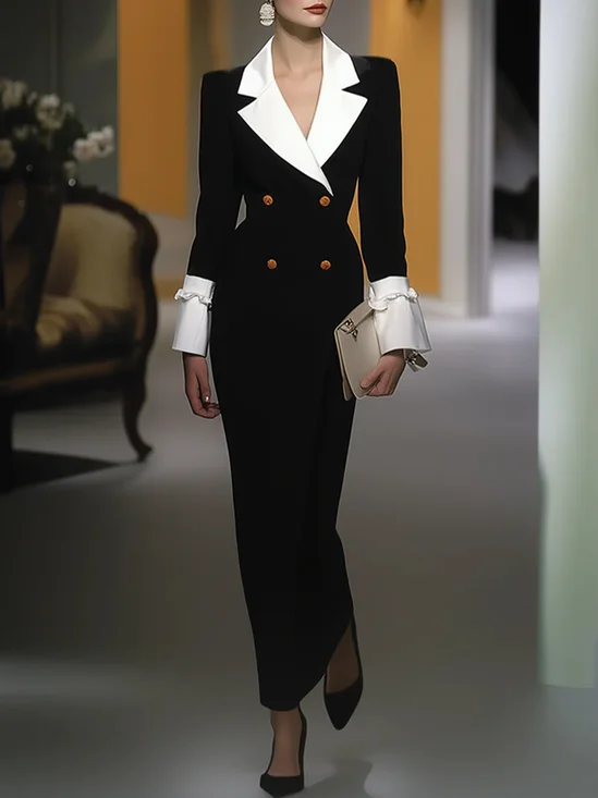 Elegant Color Block Shawl Collar Maxi Dress