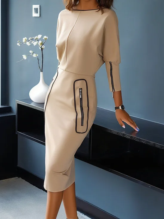 Plus Size Regular Fit Regular Sleeve Off The Shoulder Elegant Color Block Dress