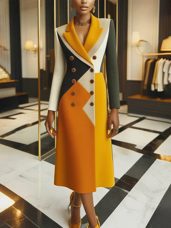 Urban Colorblock Printing Lapel Collar Knee Length Dress