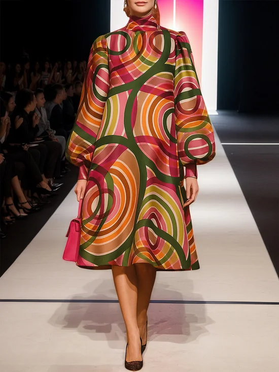 Plus Size Elegant Geometric Printing Midi Dress