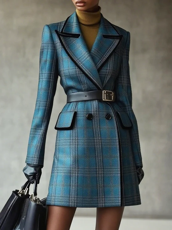 Urban  Printing Plaid Lapel Collar Trench Coat No Belt