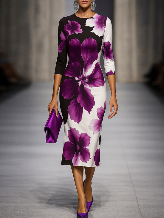 Plus Size Elegant Floral Printing Midi Dress