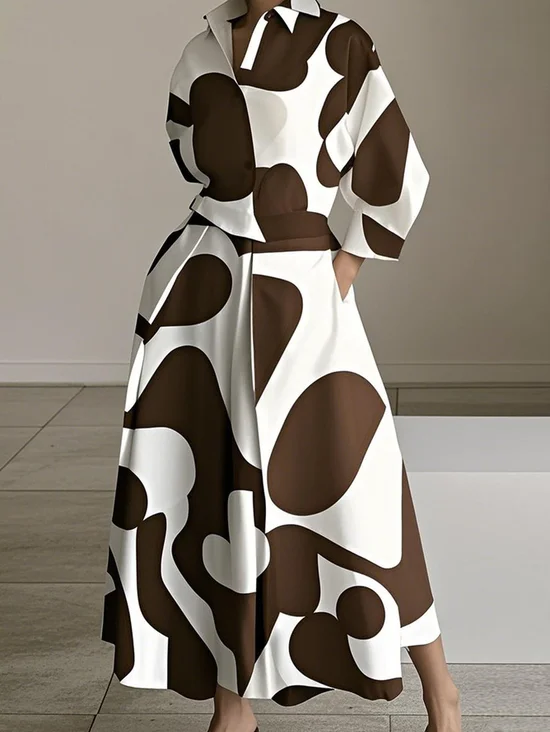 Plus Size Urban Color Block Printing Shirt Collar Midi Dress With Belt
