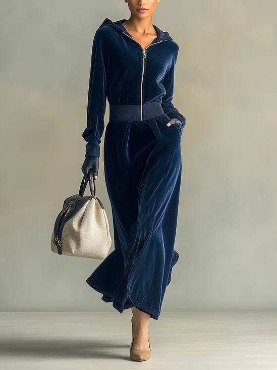 Casual Plain Velvet Hoodie Midi Dress