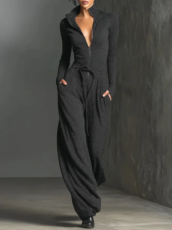 Casual Zipper Plain Mock Neck Pockets Jumpsuit