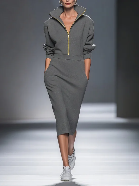 Casual Plain Zipper Shawl Collar Midi Dress