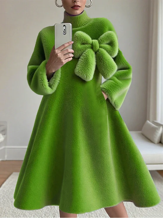 Casual Plain Turtleneck Knee Length Dress With Bow Brooch