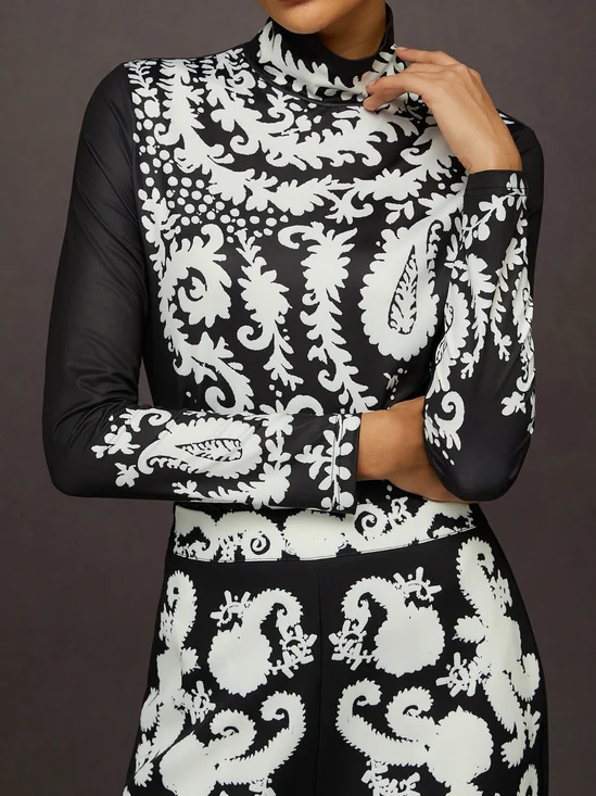 Elegant Random Print Printing Turtleneck T-shirt