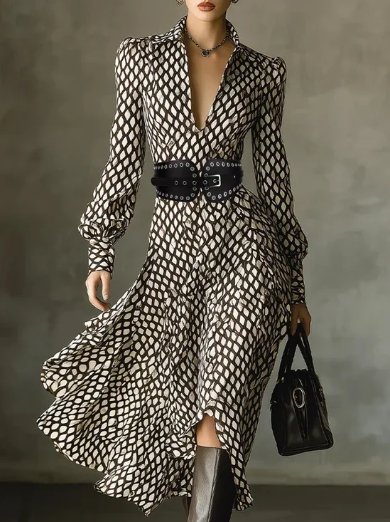 Urban Plaid Balloon Midi Dress With Belt