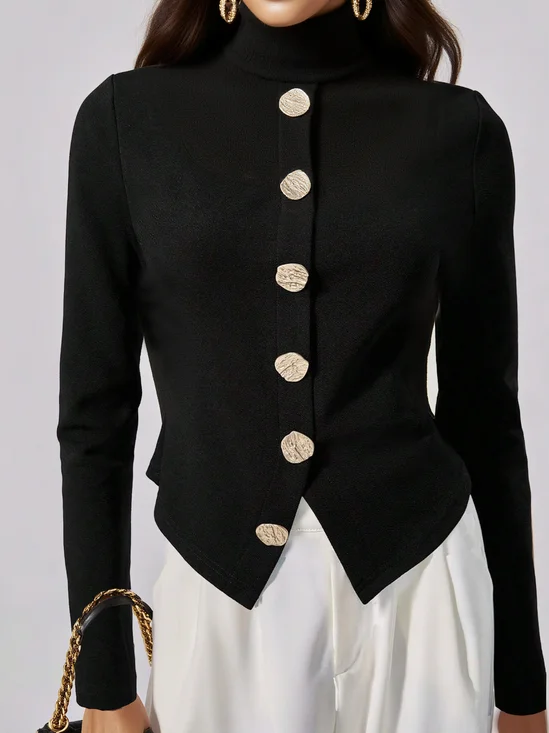 Jersey Urban Plain Buttoned Turtleneck T-shirt