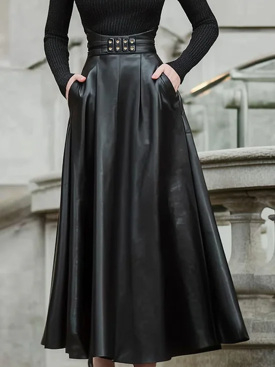 Urban Buttoned Plain Maxi Faux Leather Skirt