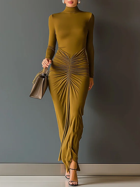 Urban Plain Ruched Stand Collar Maxi Dress