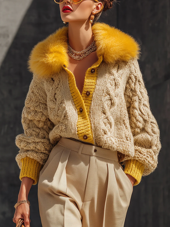 Urban Color Block Buttoned Fur Collar Cardigan