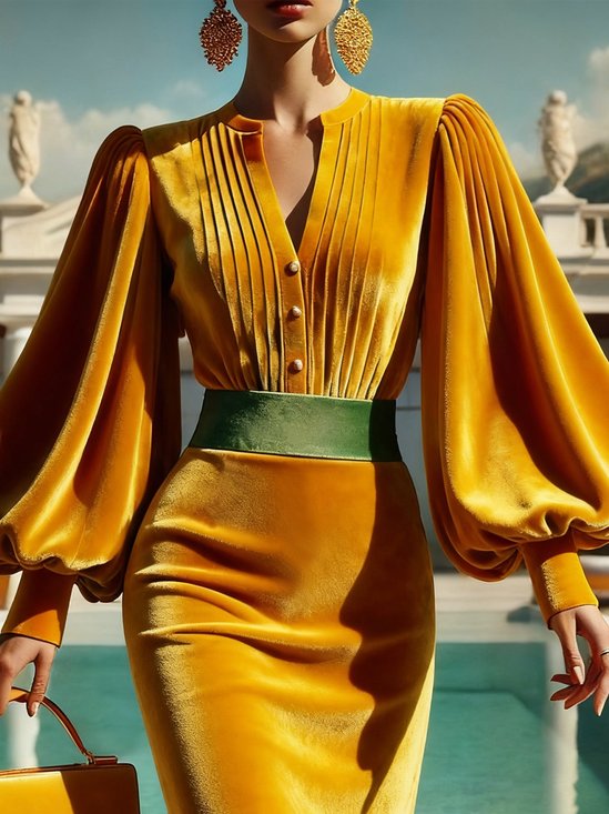 Velvet Elegant Ruched Stand Collar Puff Sleeve Shirt