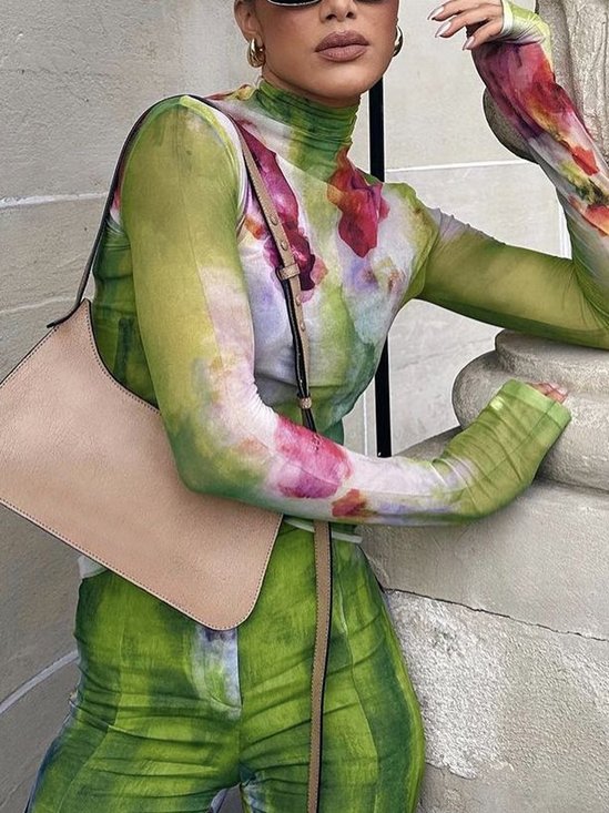 Elegant Floral Printing Turtleneck T-shirt