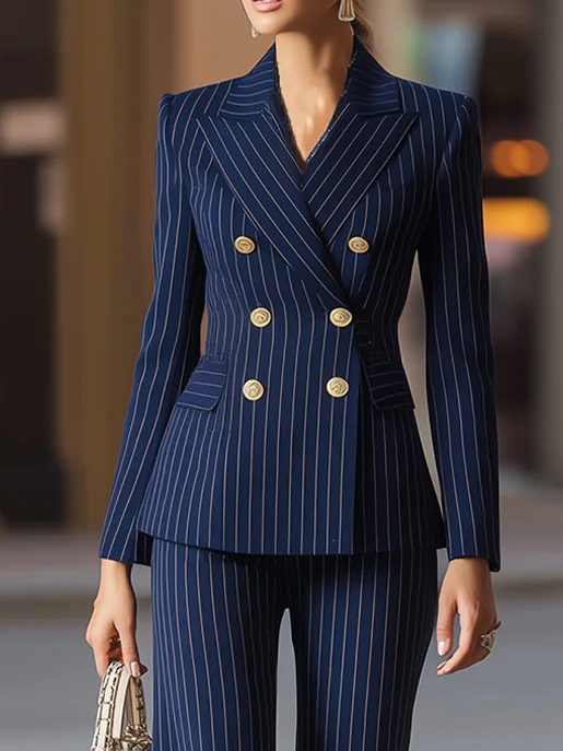 Urban Buttoned Striped Lapel Collar Blazer