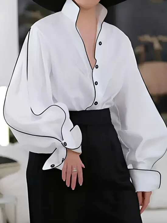 Plus Size Casual Loose Stand Collar Color Block Shirt