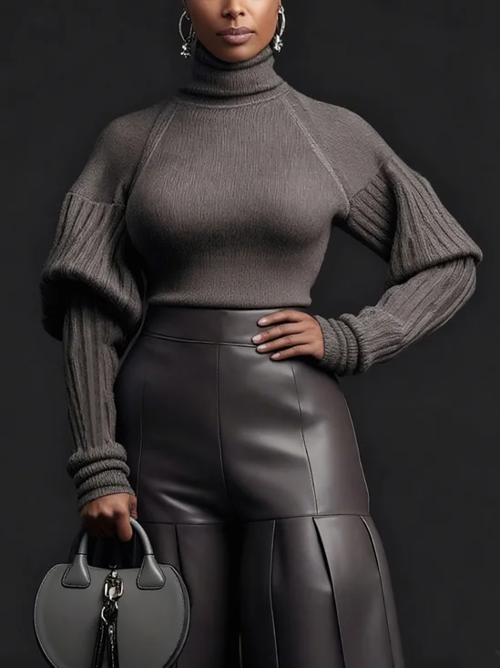 Urban Minimalist Turtleneck Puff Sleeve Sweater