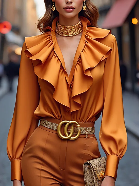 Casual Plain Buttoned Peplum Blouse