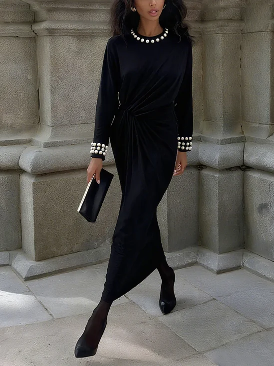 Elegant Plain Imitation Pearls Crew Neck Maxi Dress