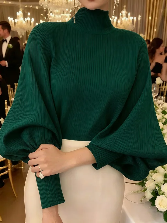 Casual Plain Ruched Mock Neck Balloon Sleeve Blouse With Brooch