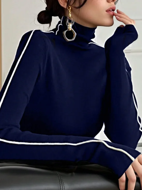 Knitted Urban Color Block Split Joint Turtleneck T-shirt