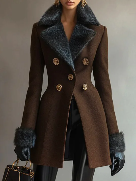 Urban Buttoned Fur Collar Plain Lapel Collar Coat