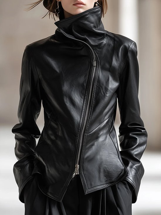 Urban  Zipper Plain Stand Collar Faux Leather Coat