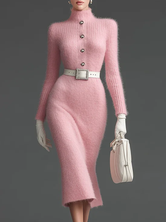 Elegant Plain Buttoned Turtleneck Sweater Knee Length Dress No Belt