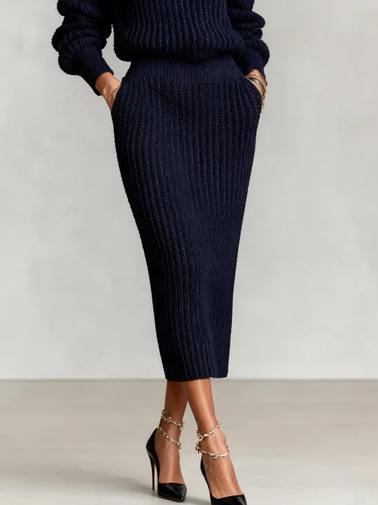 Casual Plain Midi Sweater Skirt