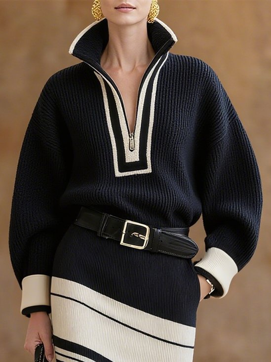 Urban Color Block Mock Neck Loosen Sweater