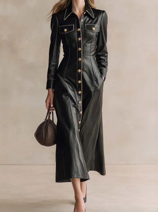 Urban Plain Shirt Collar Maxi Dress