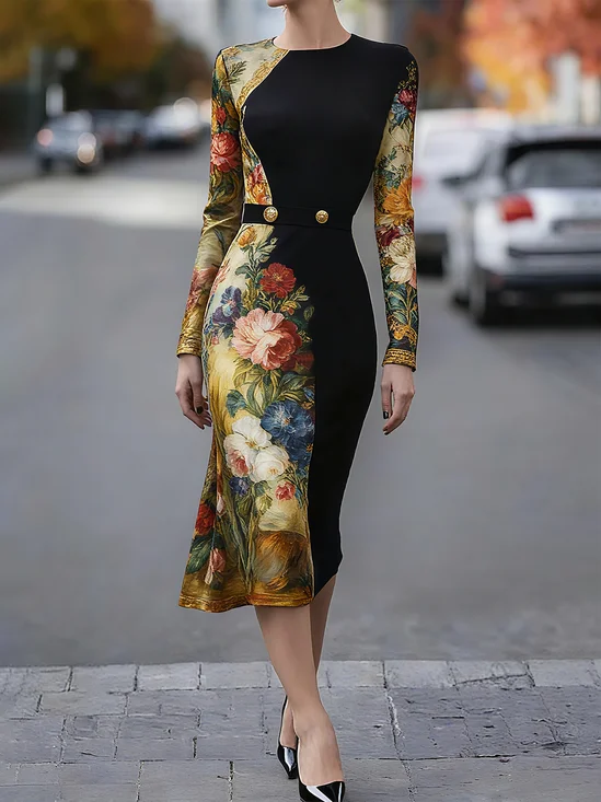 Urban Floral Printing Crew Neck Midi Dress