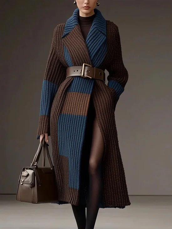 Casual Color Block Lapel Collar Sweater Cardigan With Belt