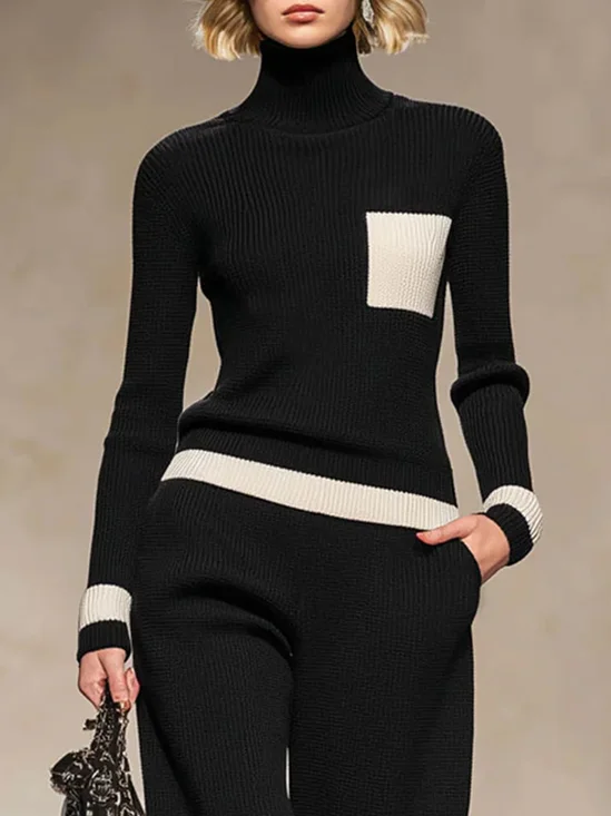 Casual Color Block Turtleneck Sweater