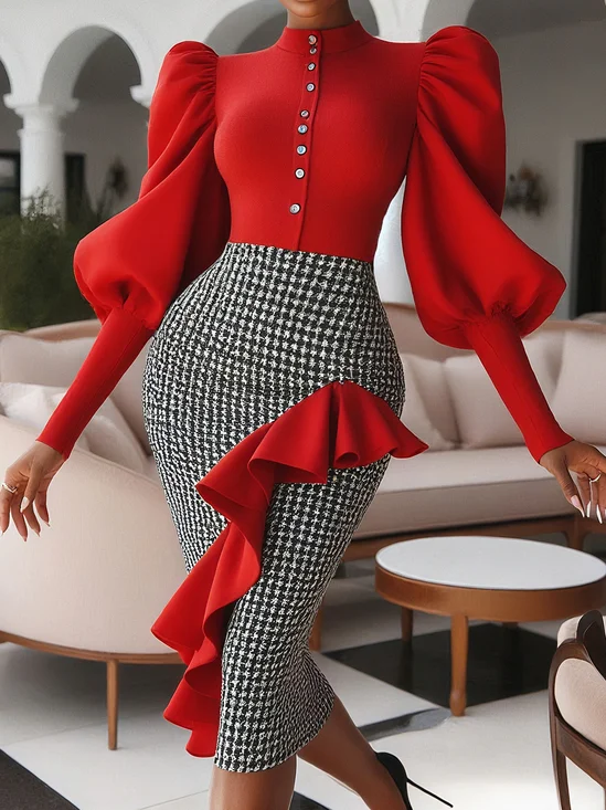 Urban Houndstooth Puff Sleeve Peplum Stand Collar Midi Dress